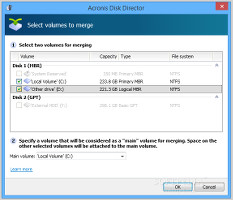 Showing the options for merging volumes in Acronis Disk Director